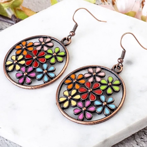 Any 4/$25! Copper Circle Colorful Flower Earrings - Picture 3 of 8